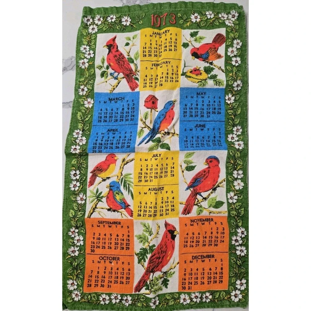 Vintage Linen Bird Tea Towels (1) 1973 Calendar And (1) Bird List